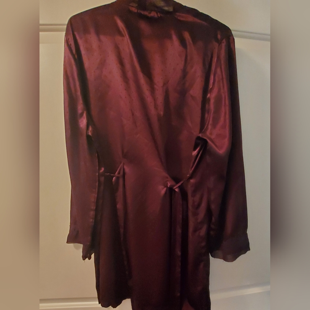 Jessica Wine Satin Robe with Tie Belt and Long Sleeves